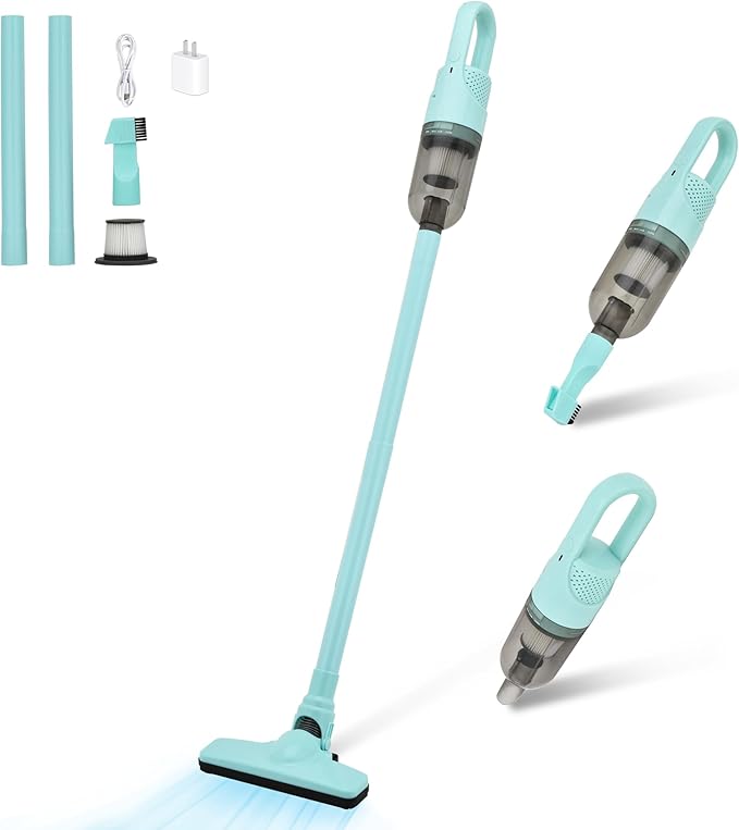 6-in-1 Lightweight Stick Vacuum Cleaner with 100W Powerful Motor, Mini Portable Household Handheld Vacuum Cleaner for Domestic Hard Floors, Carpets and Pet Hair(Green Cordless with Plug)