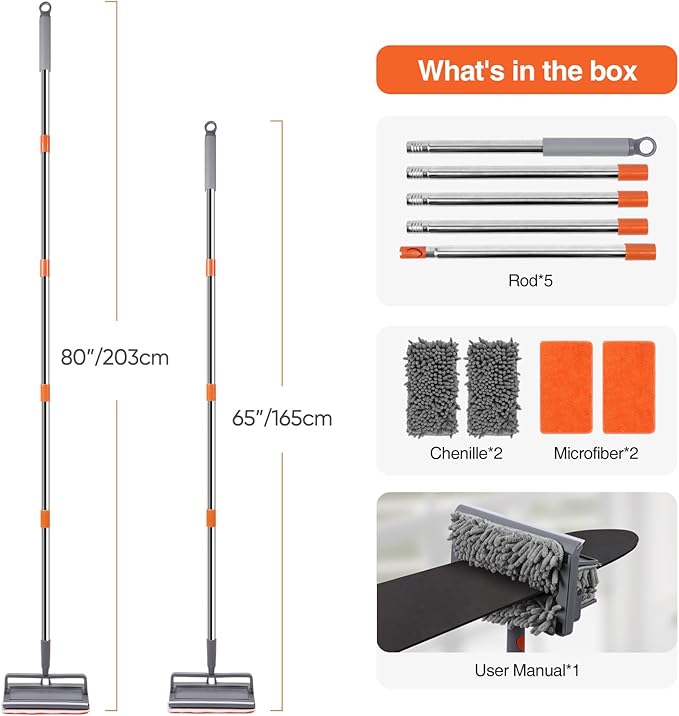 Ceiling Fan Cleaner Duster with 80" Stainless Steel Extendable Pole, 6-in-1 High Reach Fan Duster for Ceiling Fan Blades with 4 Reusable Mop Pads for Fan, Wall, Floor, Blind, Baseboard & Window