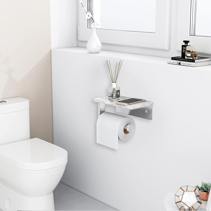 Brushed Nickel Toilet Paper Holder with Natural Marble Shelf, Screw Wall Mounted, Tissue Roll Holder for Bathroom Washroom