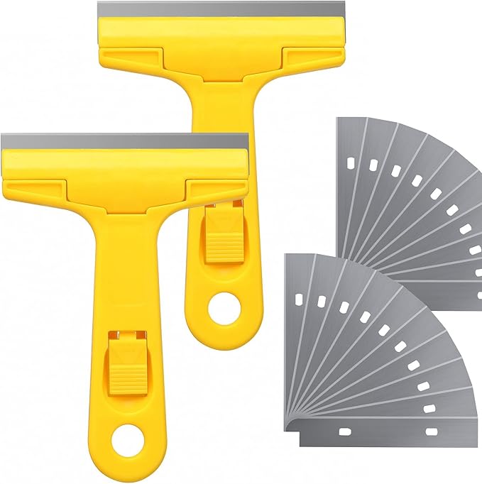 2pack Razor Blade Scraper, Industry Glass Window Scraper, Heavy Duty Cleaning Scraping Hand Tool with 20pcs Blades for Putty Residue Stains Paints Glue Mud Wallpaper Removing Remover Cleaner (Yellow)