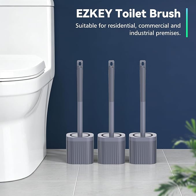 Toilet Brush, Compact Toilet Brush and Holder Set with Nylon Bristles 3 Pack Toilet Bowl Brush Hidden Scrubber Brushes for Bathroom Deep Cleaning—Grey Blue