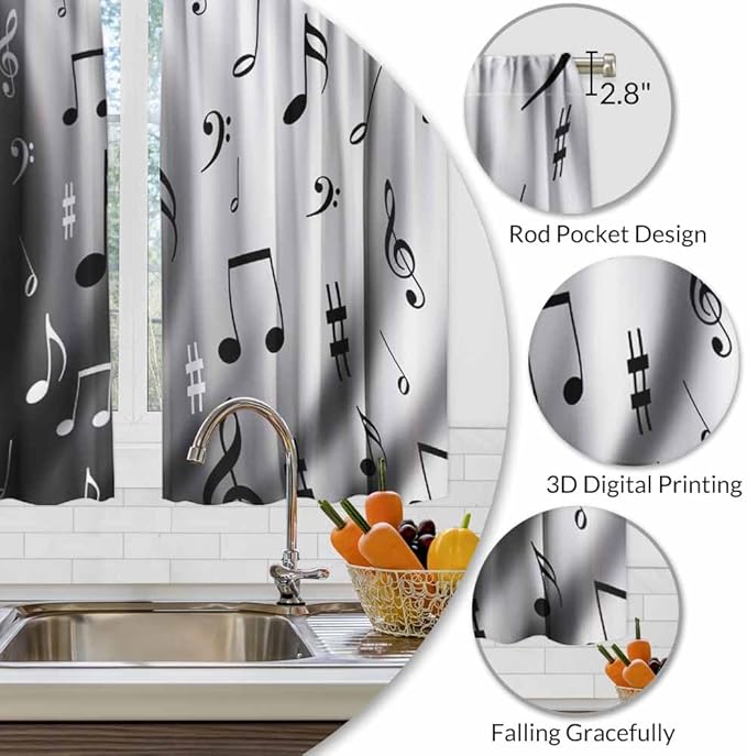 Modern Kitchen Curtains Black and White Music Notes Dancing Short Tier Curtains for Bathroom Cafe Small Window Drapes Treatment 2 Panels (27.5x39 Inch)