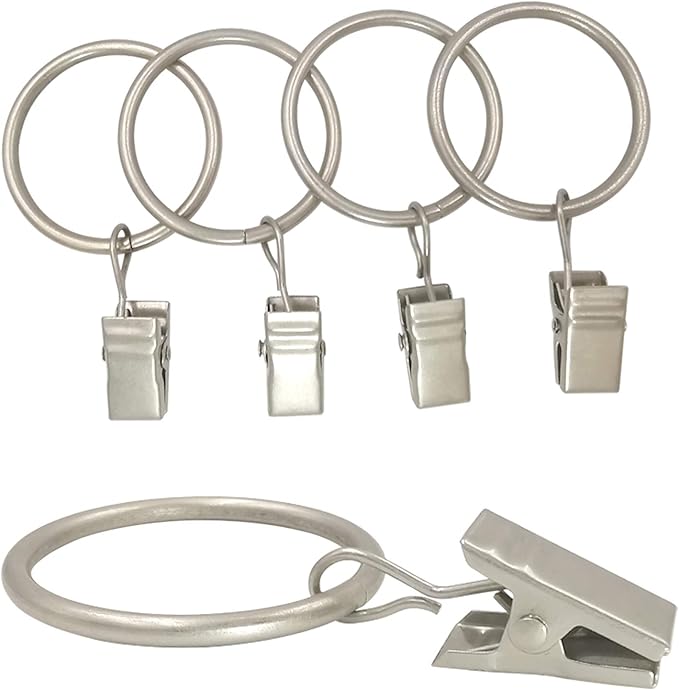 40 Pack Curtain Rings with Clips, Drapery Clips with Rings, Drapes Rings 1.26 in Interior Diameter, Fits up to 1 in Curtain Rod, Matte Silver
