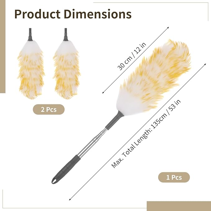Lambswool Duster with 2 Replacements, Extends to 53 in, Anti-Scratch, Electrostatic, for Ceiling Fans, Furniture, Crafts