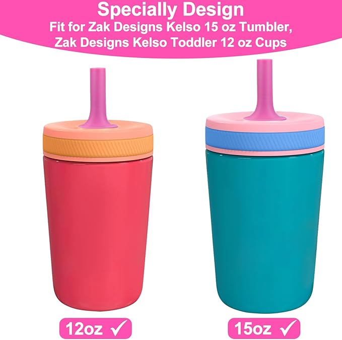 XANGNIER Replacement Straws and Bite Valve Compatible with Zak Designs Kelso 15 oz Tumbler Water Bottle,4 Pcs Silicone Straws with Cleaning Brush for Zak Designs Kelso 12 oz Cups,Hot Pink