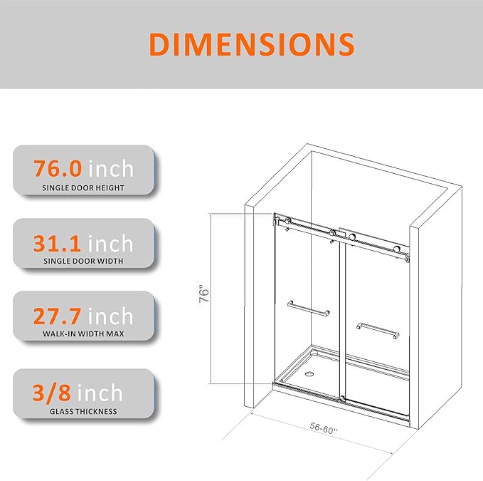 Brushed Gold Shower Door,56-60''W x 76''H Frameless Double Sliding Glass Door for Walk in,Stainless Steel Hardware with Clear SGCC 3/8"(10mm) Thickened Tempered Glass for Bathroom