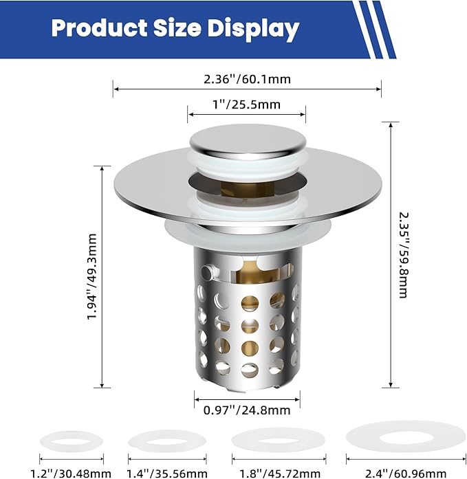 Universal Bathroom Sink Drain Strainer Hair Catcher 2PCS Upgraded with Removable Stainless Steel Filter Basket, 3 in 1 Pop Up Sink Stopper for 1.1''~2.36'' Sink Basin Hole, Chrome