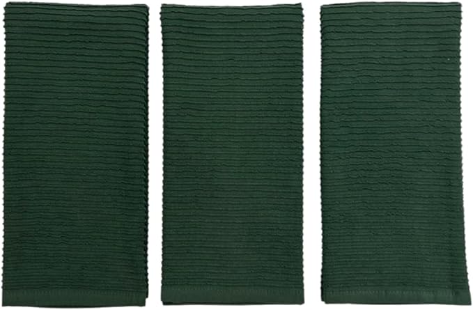 Serafina Home Dark Green Kitchen Hand Dish Towels: 100% Cotton Cloth Soft Cleaning Drying Absorbent Ribbed Terry Loop, Set of 3 Multipurpose for Everyday Use Oversized 18" x 28"