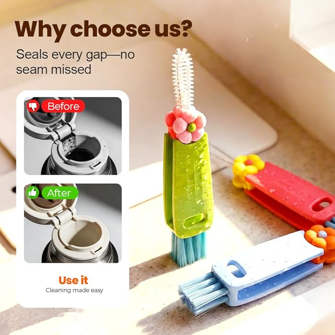 3PCS 3 in 1 Cup Lid Cleaning Brush and 2PCS Silicone Straw Cleaner Brush for Bottle, Multifunctional Crevice Portable Cup Lid Cleaning Brushes, Flexible Straws Cleaning Brush Set for Water Bottles