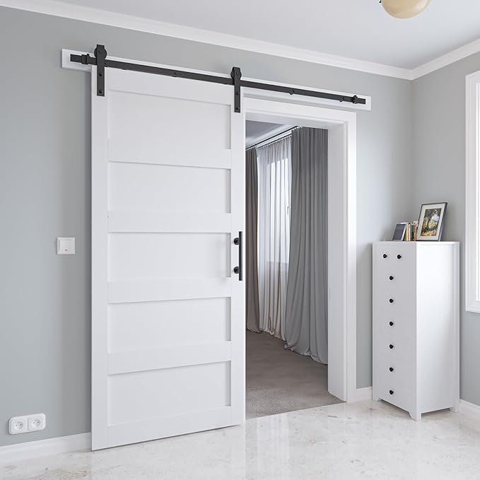 38in x 84in Sliding Barn Door with 6.6ft Barn Door Hardware Kit & Handle, Pre-Drilled Holes Easy Assembly -Solid Barn Door Slab Covered with Water-Proof PVC Surface, White, 5 Panel