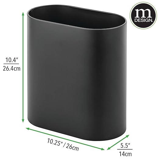 mDesign Slim Pill-Shaped Metal 1.98 Gallon/7 Liter Recycle Trash Can Wastebasket, Garbage Container Bin - Bathroom, Kitchen, Bedroom, Office - Durable Stainless Steel, Mirri Collection, Black