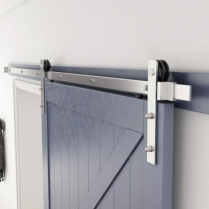 SMARTSTANDARD 8 Feet Brushed Nickel Sliding Barn Hardware Kit-Sturdy Silvery Track-Smoothly and Quietly-Simple and Easy to Install-Fit 48" Wide Door Panel (I Shape Hanger)
