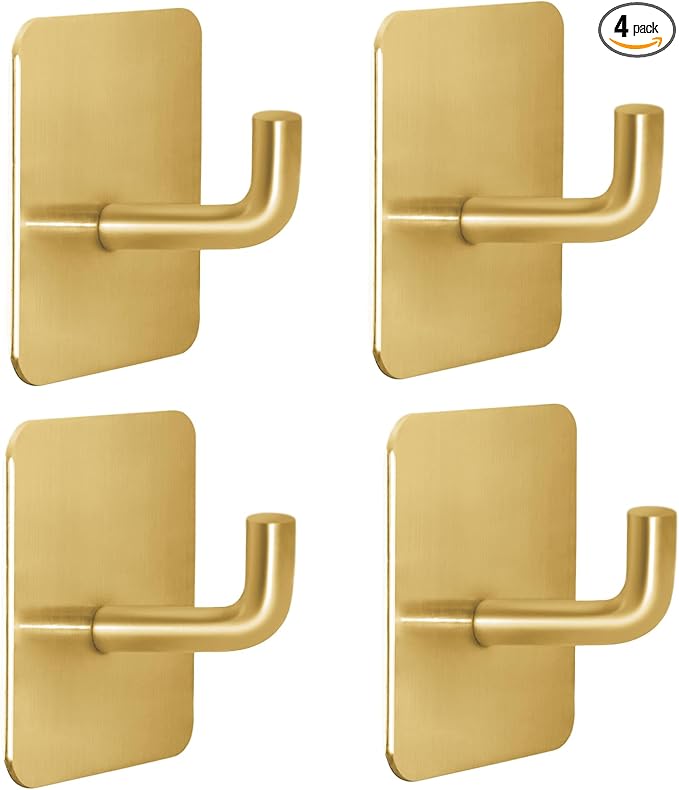 Adhesive Hooks for Bathrooms, 4 Piece Towel Hooks for Hanging Hat Robe Coat, Stick on Hooks for Kitchens, Strong Self-Adhesive No Damage Waterproof Stainless Steel Sticky Hook (Gold)