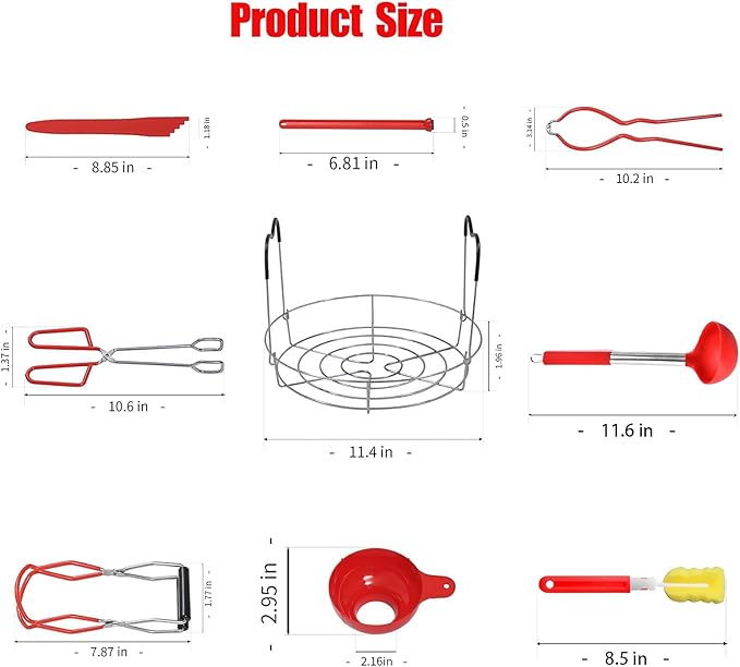 Canning Supplies Kit - 9 Piece 430 Stainless Steel : Rack,Funnel,Jar Lifter,Jar Wrench,Lid Lifter,Tongs,Spoon,Cleaning Brush/Bubble Remover Tool.Suitable for all beginners and professionals
