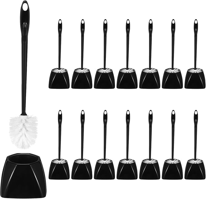 15 Sets Toilet Holder and Brush Set 16.14 Inch Toilet Bowl Cleaner Brush with Caddy Bathroom Scrub Plastic Scrubber with Long Handle for Bathroom Cleaning, Easy to Assemble (Black)