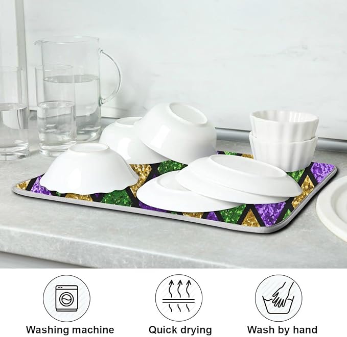 Mardi Gras Dish Drying Mat for Kitchen Gold Purple Green Buffalo Plaid Microfiber Drying Mats Absorbent Reversible Dish Pad Medium Dish Draining Mat 16x18 inch