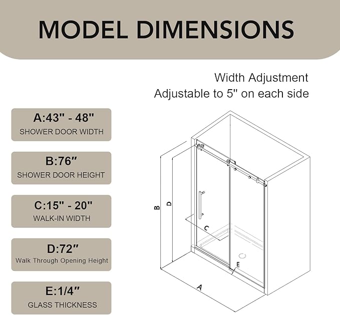 43-48” W x 76" H Single Sliding Shower Door, Frameless Shower Door with Explosion-Proof Film and Nano Coating, 1/4” (6MM) SGCC Tempered Glass, Stainless Steel Hardware, Brushed Nickel