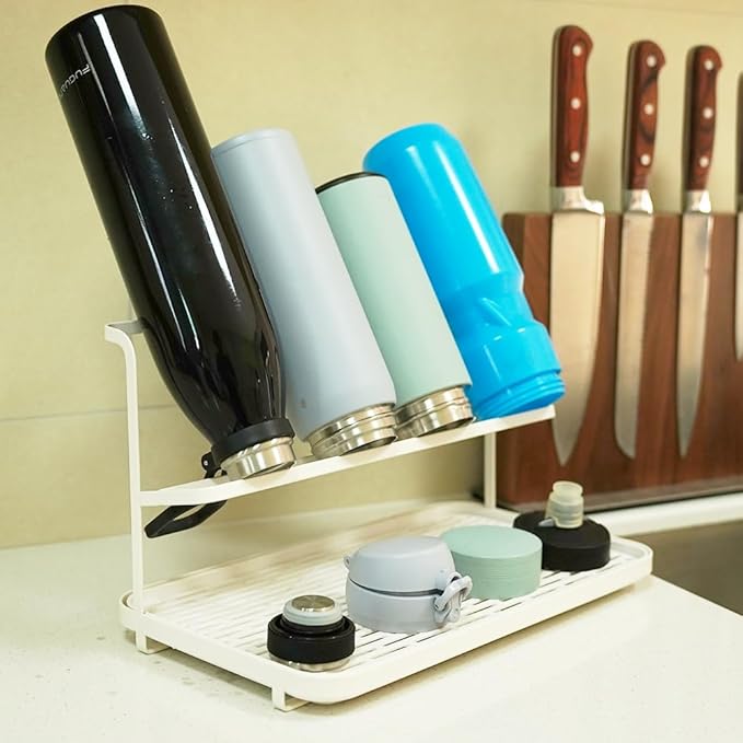 Countertop Kitchen Bottle Drying Rack with Drain Tray, 12.4 x 7.09 inch Counter Organizer, for Insulated Water, Baby Bottles and More - White