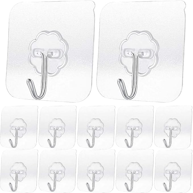 Transparent Adhesive Hooks 30 lb(Max), Waterproof and Oilproof Reusable Seamless Hooks, Heavy Duty Wall Hook for Kitchen Bathroom Office (8 Pack) Transparen