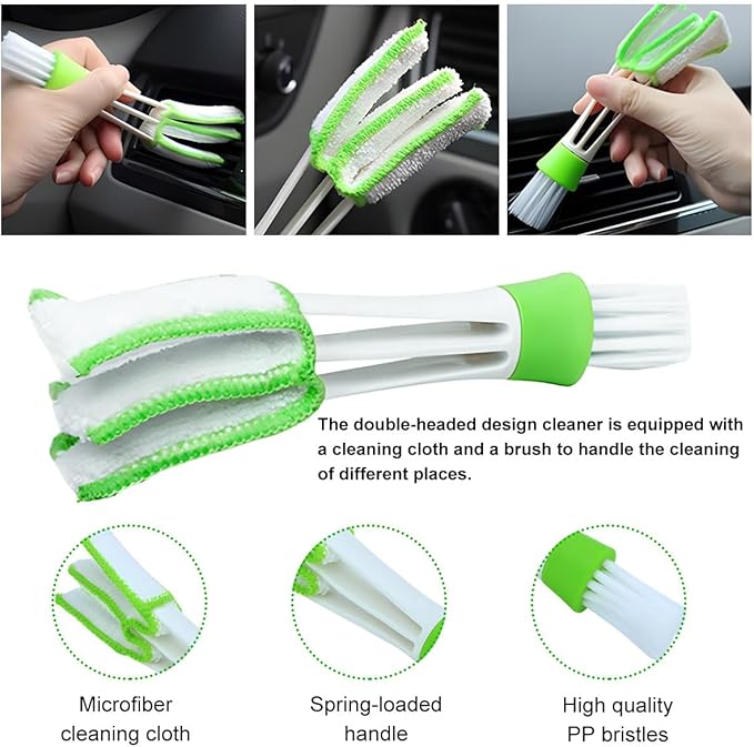 2 PCS Mini Duster for Car Air Vent, Double Ended Automotive Air Vent Microfiber Duster & Brush, Dust Collector Cleaner for Keyboard Window Leaves Shutter, Car Accessories (Green)