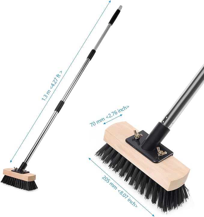 Heavy Duty Adjustable Push Broom with Stiff Bristles, Solid Wood Head Multi-Surface Floor Brush for Bathroom Tile, Pool Deck, Patio Cleaning