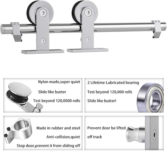 WINSOON Barn Door Hardware Kit 6FT: Brushed Nickel Heavy-Duty Smoothly Quietly Low Profile - Stainless Steel Sliding Door Track for in/Exterior - Easy Assemble Top Mount Barn Door Kit for DIYers
