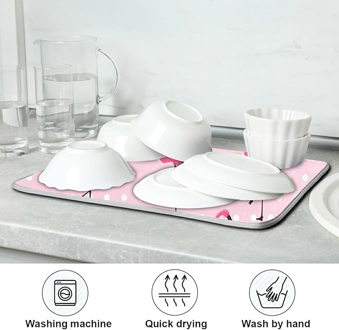 Tarity Cute Pink Flamingo Dish Drying Mat for Kitchen Counter Absorbent Heat Resistant Microfiber Dishes Drainer Mat 16x18 in Dish Pad Sink Mat Protective Pad Kitchen Decor