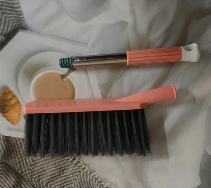 2 Pack Soft Bristle Bed Sheets Sweeping Cleaning Brush with Long Hand, Counter Duster for Debris Hair Remover Desk Quilt Sofa Furniture (Pink Green)
