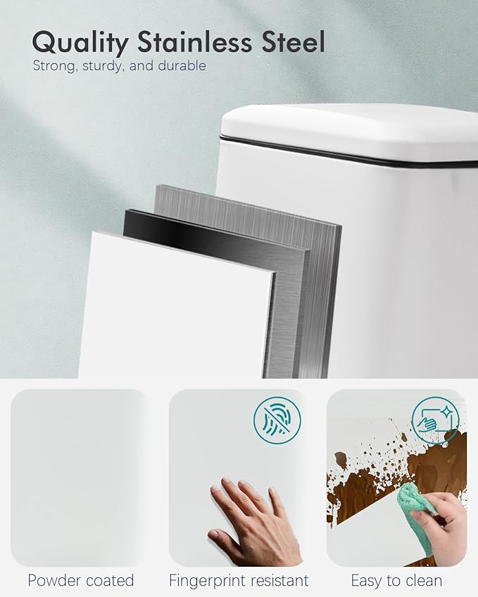 Bathroom Trash Can with Lid, 6 Liter / 1.6 Gallon Small Trash Can with Removable Liner Bucket, Soft Close lid & Step Pedal, White Stainless Steel Garbage Can for Bedroom, Office, Dorm