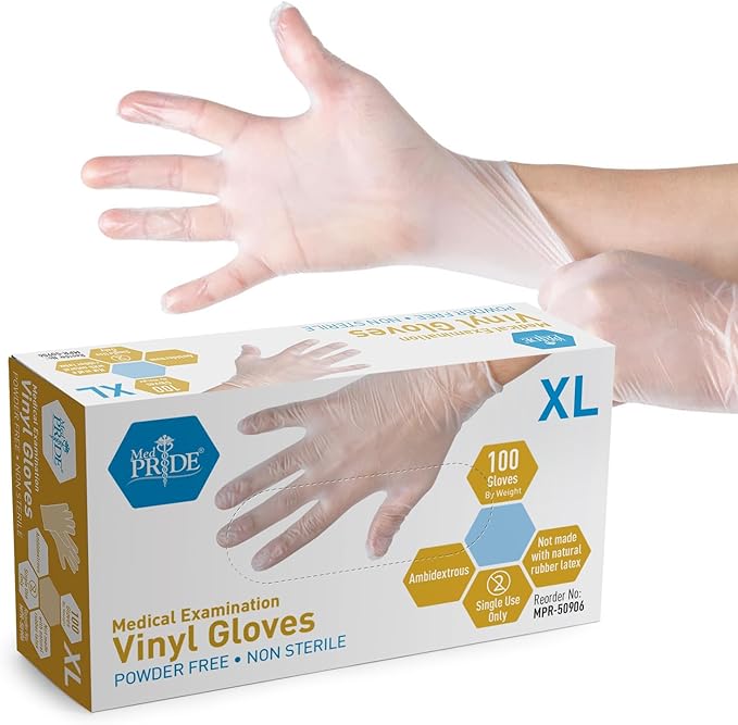 MED PRIDE Medical Vinyl Examination Gloves (X-Large, 100-Count) Latex & Rubber Free, Ultra-Strong, Clear Disposable Powder-Free Gloves for Healthcare & Food Handling Use