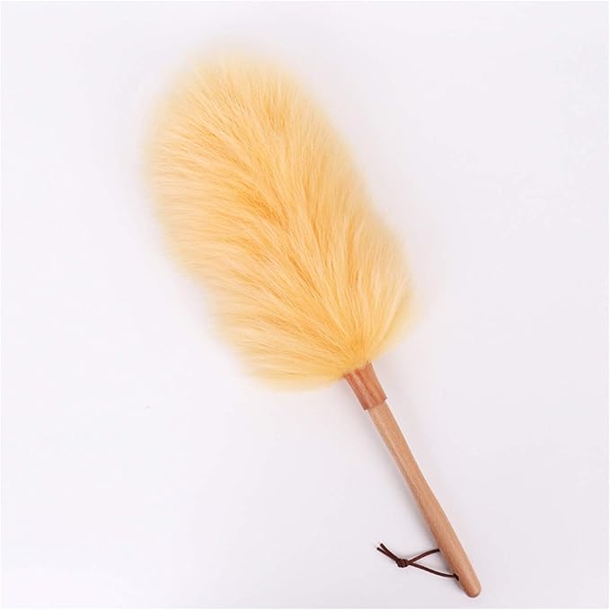 Pure Lambs Wool Duster with Wood Handle, Fluffy Lambswool Duster, Thicken Encryption, Anti-Static, Duster for Home, Office and Car, 19.3 inch(A)