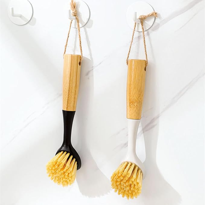 2 Pack Kitchen Dish Brush Grill Brush+Reusable Rubber Gloves,Kitchen Cleaning Sets,Long Dish Scrubber Built-in Scraper,Scrub Brushes for Pans Pots Sink,Range Hood (White&Black) Pre-Christmas Clean