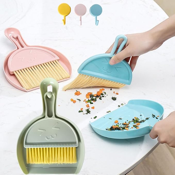 3 Pcs Mini Broom and Dustpan Set,Small Hand Broom and Dustpan Cleaning Cloths Set for Home Car Kitchen Table Kids Dustpan Brush Set for Sweeping Up Kitty Litter Pet Hair, with Hanging Hook