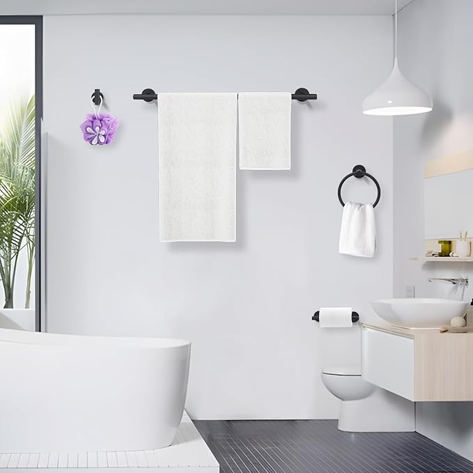 Matte Black Toilet Paper Holder Set, Stainless Steel Towel Ring, Double Post Pivoting Toilet Paper Holder and Hand Towel Holder Set for Bathroom,Bathroom Hardware Accessories Set Black