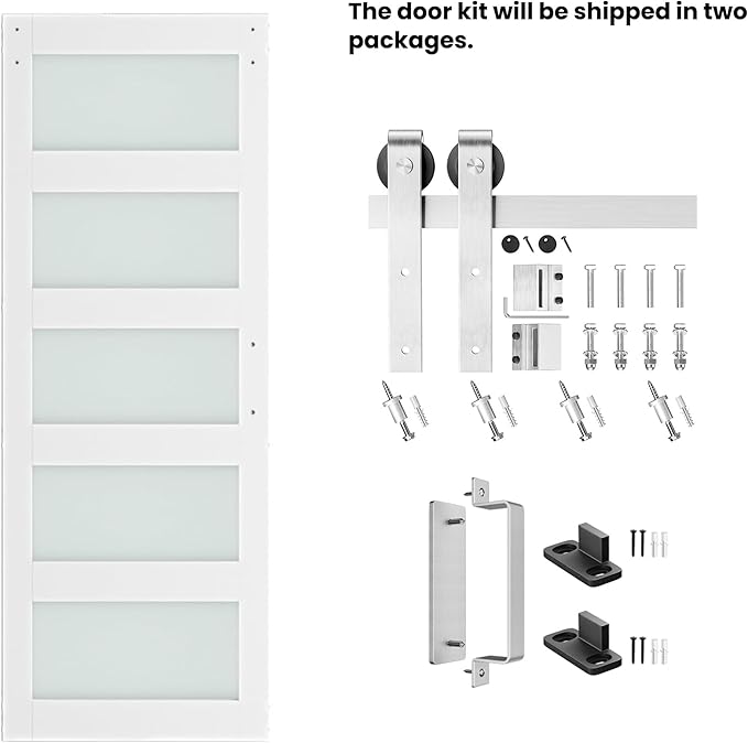 32'' x 84'' Glass Barn Door and 6 Ft Brushed Nickel Hardware Kit Included, MDF White Barn Door Slab with Frosted Glass, PVC Surface, Combined with Handle and Floor Guide-Assembly Required