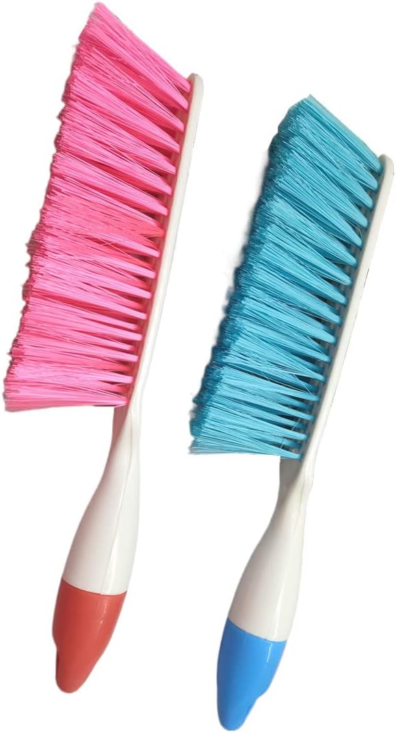 Jilukibo 2 Pack Soft Bristle Bed Sheets Sweeping Cleaning Brush with Plastic Handle, Blue, Rose Red