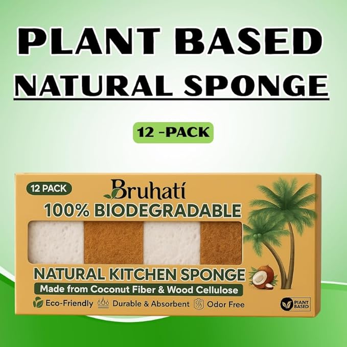 Natural Biodegradable Sponges for Kitchen 12 Pack – 100% Compostable Cellulose & Coconut Fiber Dish Sponges, Eco-Friendly, Non-Toxic, Sustainable Scrubbers for Washing Dishes & Cleaning