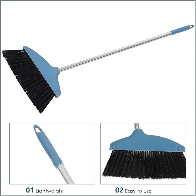 Soft Bristle Broom with Long Stainless Steel Handle, Indoor Outdoor Floor Sweeping Tool for Home Kitchen Office, Blue Non-Stick Hair Cleaning Household Sweeper