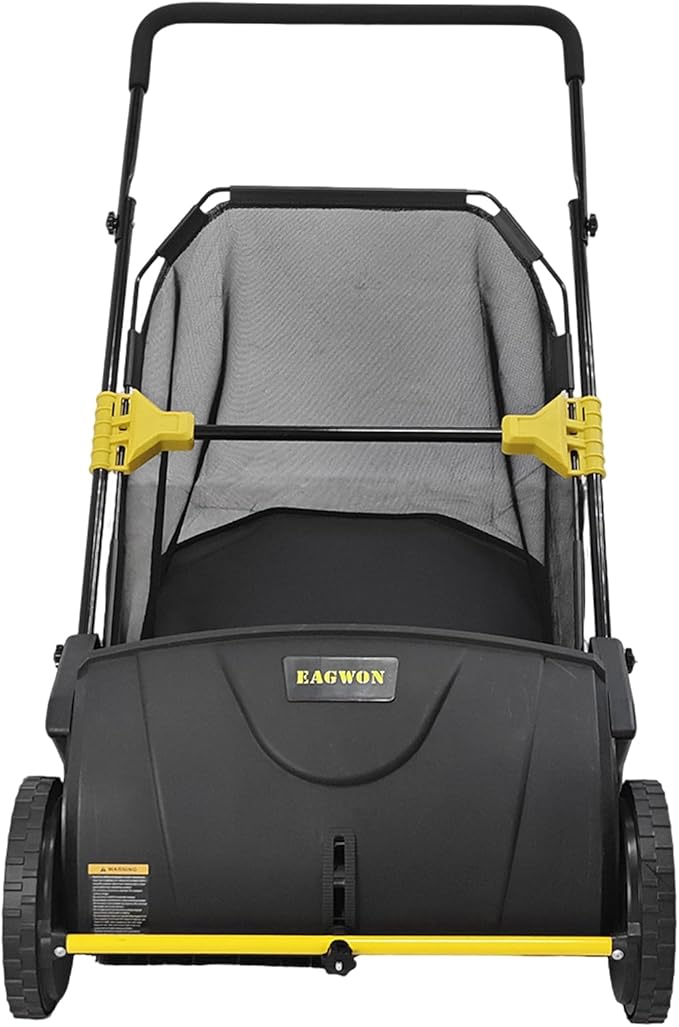 Push Lawn Sweeper, 21-Inch Width, 3.5 Cu. Ft. Hopper Capacity, 4 Spinning Brushes, Adjustable Height, Durable Steel Frame with Rubber Wheels, Yellow