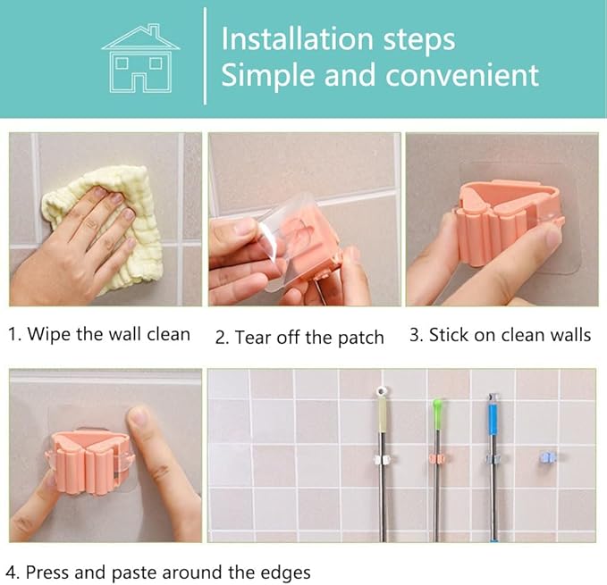 Broom and Mop Holder Clip 4 Pcs Mop Broom Wall Mounted Heavy Duty with Plastic Hooks Hanger No Drilling Mop Gripper for Home Bathroom Kitchen (Gray)