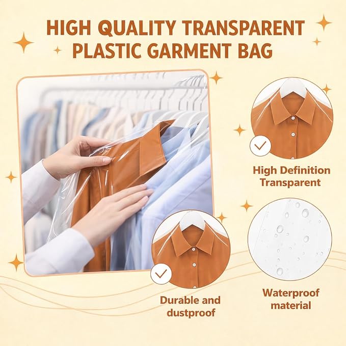 40 Pack Clear Plastic Garment Bags, 35.5" x 23.5", Clothes Covers for Hanging, Dry Cleaning Bags for Closet Storage, Dust-Proof Transparent Covers for Shirts, Suits & Jackets