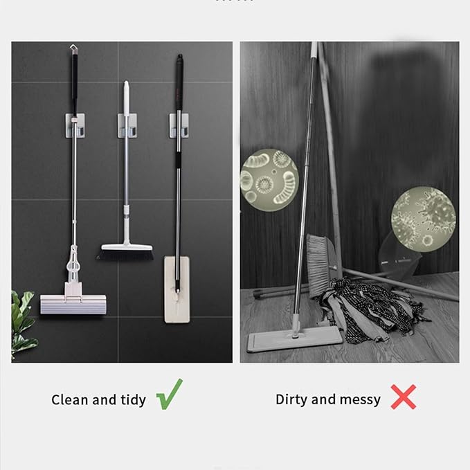 Stainless Steel Self Adhesive Broom Holder Wall Mount - Heavy Duty Mop and Broom Hooks Organizer, No Drill Magnetic Broom Hanger for Kitchen, Bathroom, Garage- Gray (4 Pack)