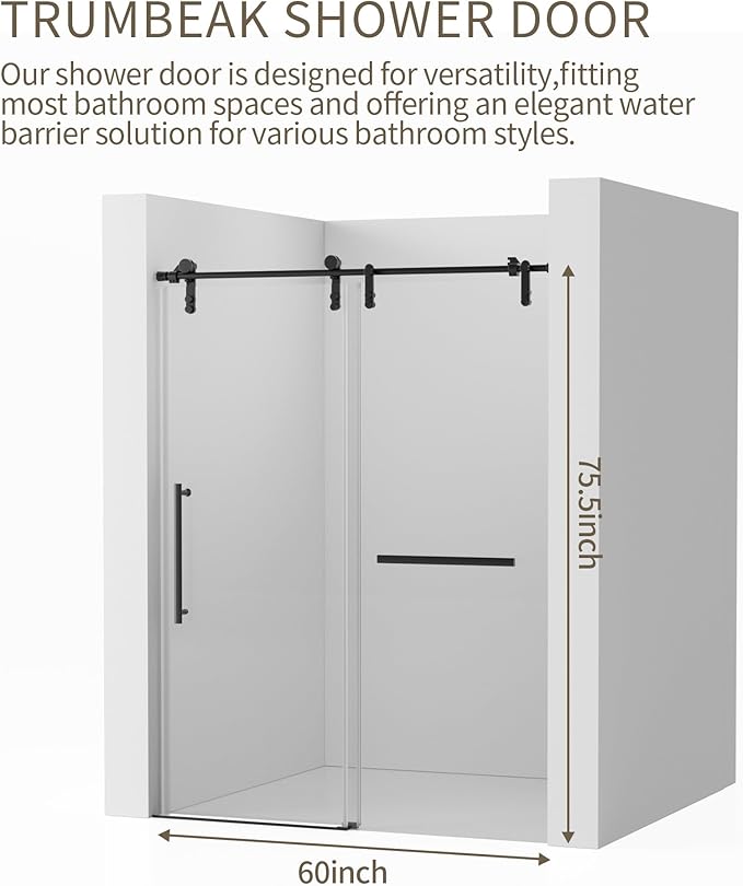 56-60" W x 76" H Frameless Shower Door,Sliding Shower Door with 5/16"(8mm) Clear SGCC Tempered Glass,Glass Shower Door w/Seal Strip Parts and Handle,Stainless Steel Hardware,Black