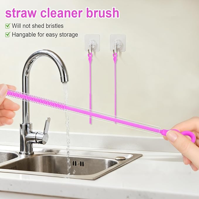 Silicone Straw Cleaner Brush, 4-Piece Reusable Straw Brush Set with Extra-Long Design for Cleaning Thin Metal Straws and Wider Milkshake Straws （6mm+9mm Purple)