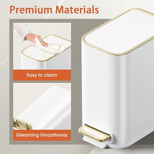 Small Bathroom Trash Can with Lid Soft Close, 5L / 1.3 Gallon Slim Garbage Can with Removable Inner Bucket, Step Stainless Steel Trash Bin for Office, Bathrooms, Bedroom, Living Room (White)
