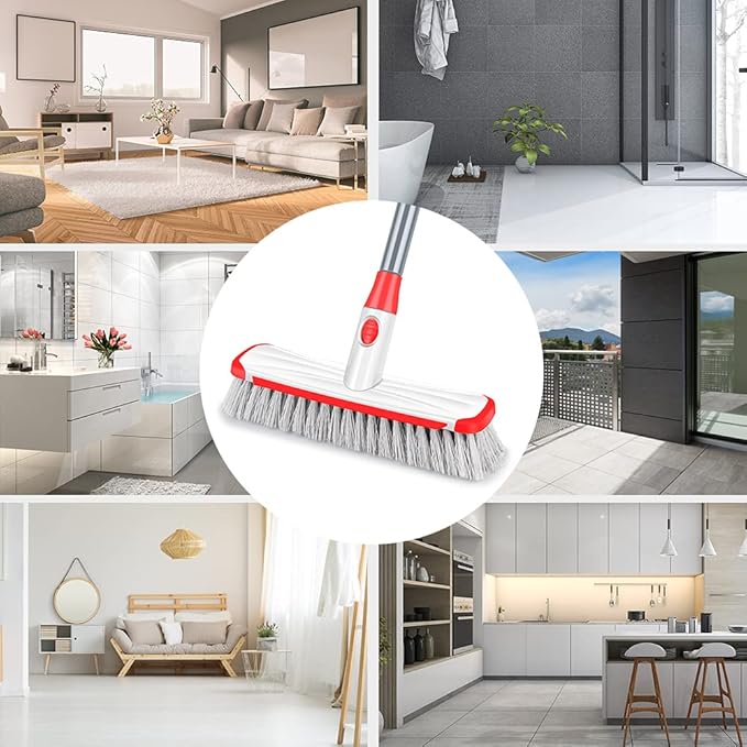 Floor Scrubber with Long Handle, 2 in 1 Scrubbing Brush Stiff Bristle Shower Cleaning Brush for Bathroom, Kitchen, Tub, Carpet, Grout, Tile(White)