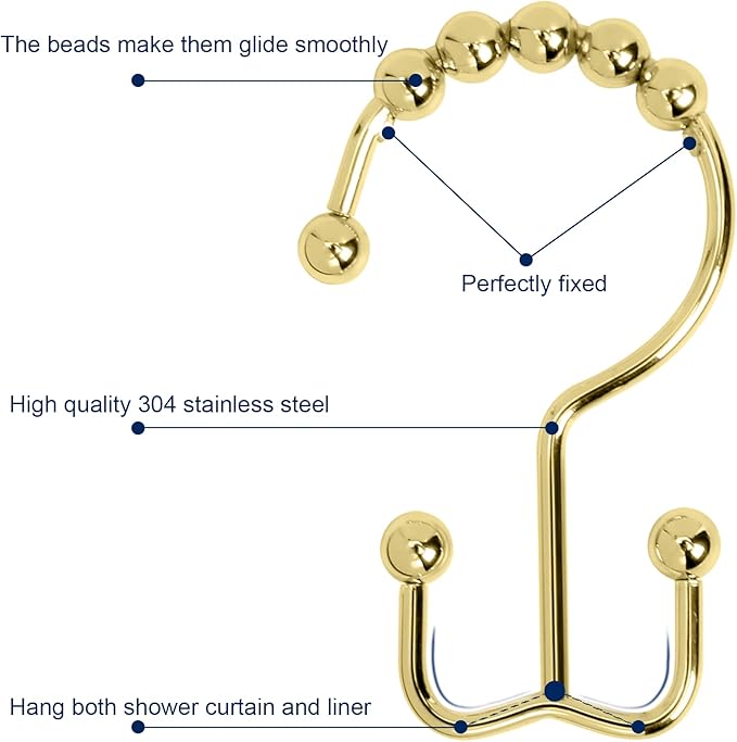 Shower Curtain Hooks,Sturdy Stainless Steel Double Sided Shower Hooks Rings for Bathroom Shower Curtain Rods Curtains Set of 12 Hooks - Gold