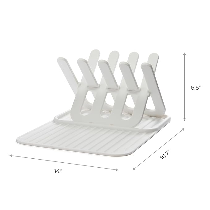 Munchkin Bottle Drying Rack and Mat, Holds 8 Bottles, Pump Parts, Pacifiers, & Accessories, Space Saving Folding Design, Home and Travel Use, Silicone, White