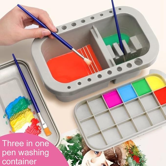 Bibabala Oil Paint Brush Cleaner with Paint Palette Tray, Paint Cups with Lids, Paint Brush Holder, Multifunction Painting Brush Basin Holder and Organizer for Painting Brush Cleaning(Grey)