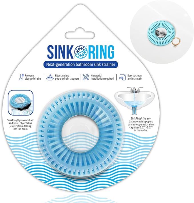 Bathroom Sink Hair Catcher for Pop-Up Drain – SinkRing 1.57" Precision Strainer for Bathroom Sink Drains | Clog-Free Hair Trap for Contacts, Earrings, Jewelry | No Suction or Screws – Aqua Blue